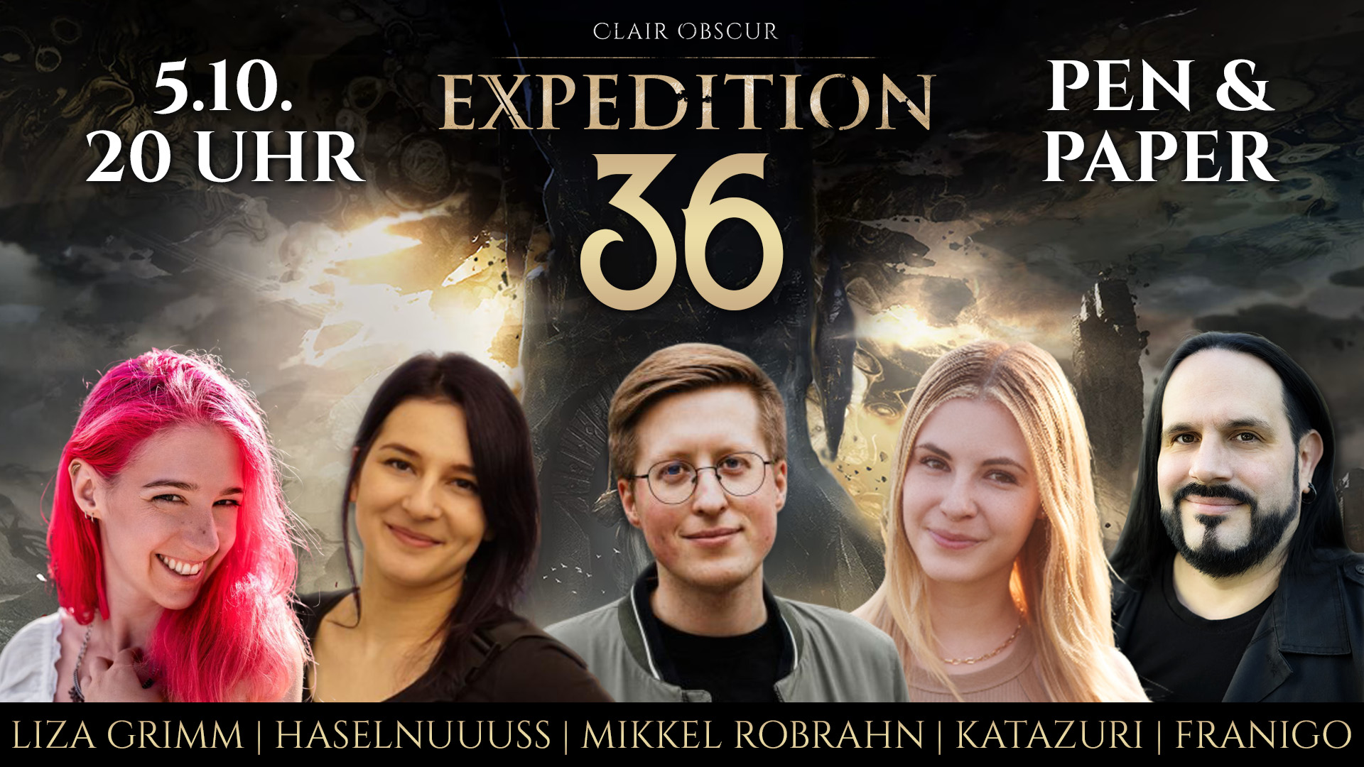 Flyer für Clair Obscur Expedition 36 mit Portraits der Gruppe