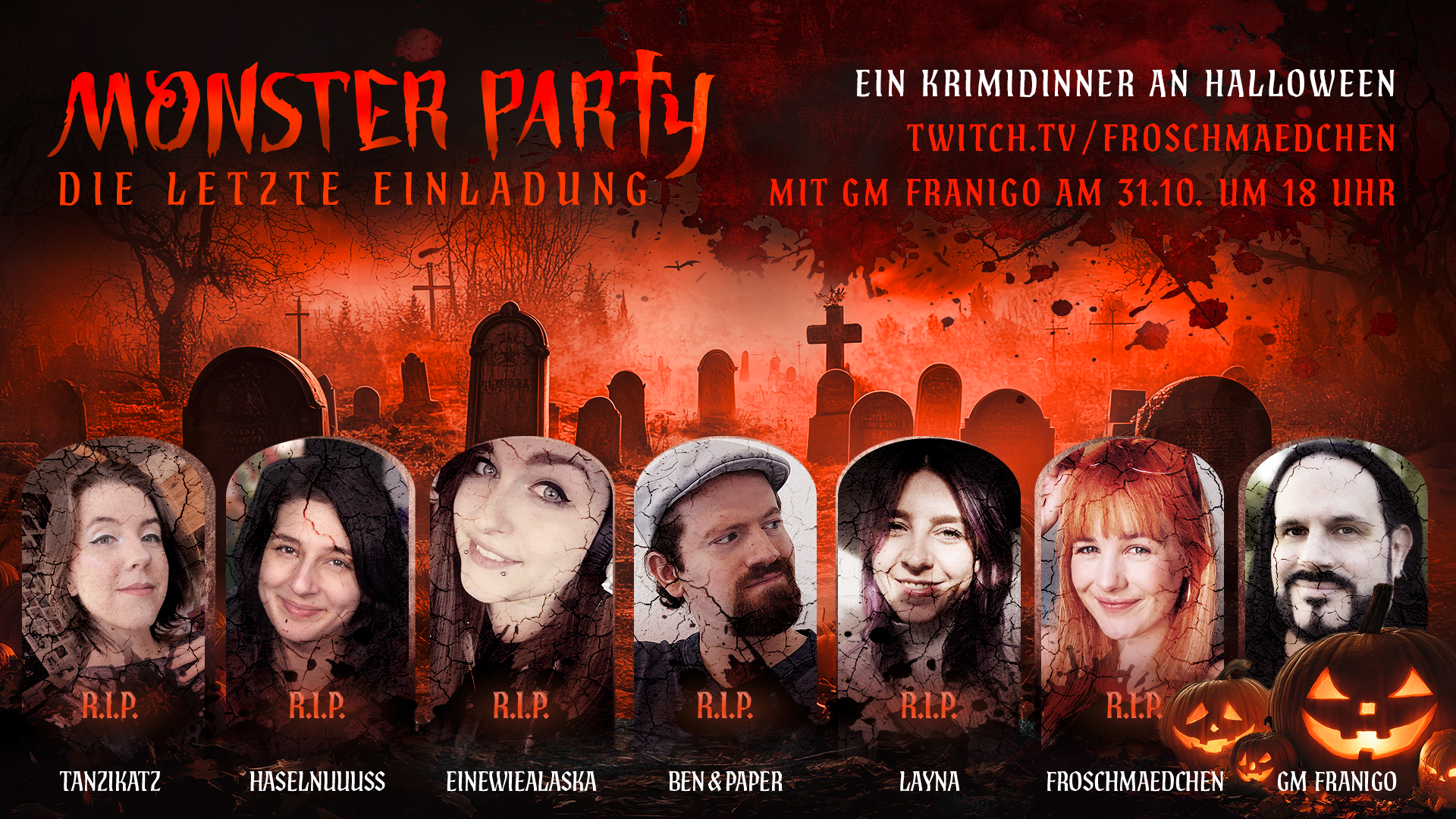 Flyer für Monster Party mit Portraits der Gruppe