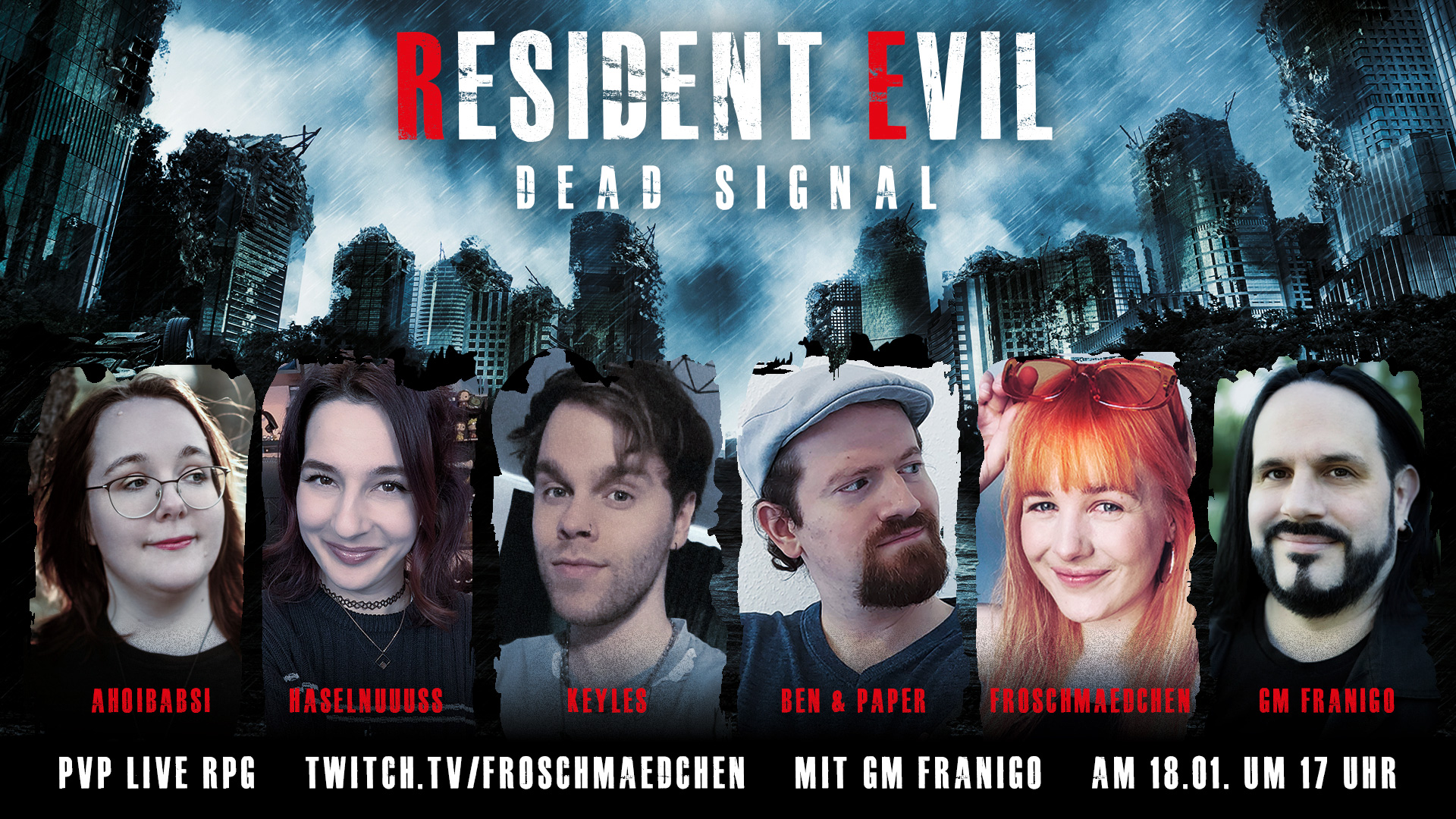 Flyer Resident Evil mit Portraits der Gruppe
